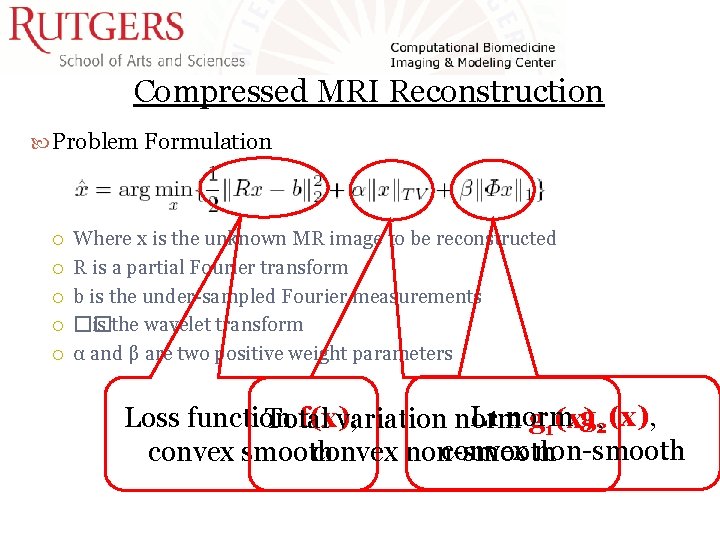 Compressed MRI Reconstruction Problem Formulation Where x is the unknown MR image to be Compressed MRI Reconstruction Problem Formulation Where x is the unknown MR image to be