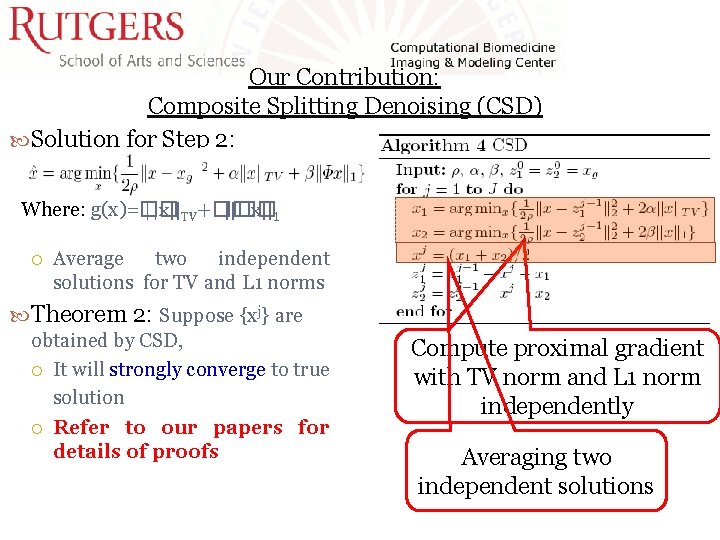 Our Contribution: Composite Splitting Denoising (CSD) Solution for Step 2: Where: g(x)=�� ||x||TV+�� ||�� Our Contribution: Composite Splitting Denoising (CSD) Solution for Step 2: Where: g(x)=�� ||x||TV+�� ||��