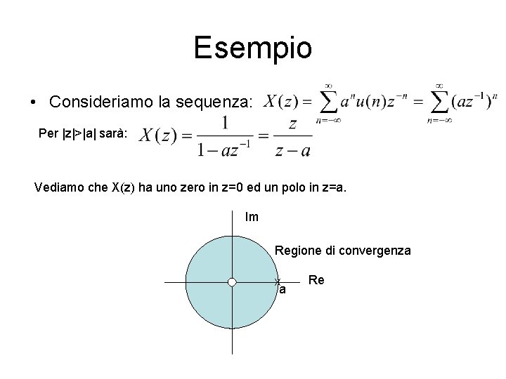 Esempio • Consideriamo la sequenza: Per |z|>|a| sarà: Vediamo che X(z) ha uno zero
