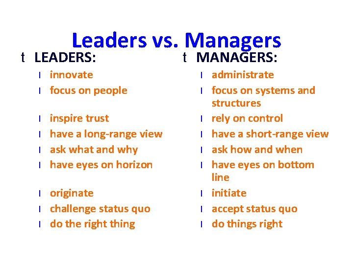 Leaders vs. Managers t LEADERS: l l l l l t MANAGERS: innovate focus Leaders vs. Managers t LEADERS: l l l l l t MANAGERS: innovate focus