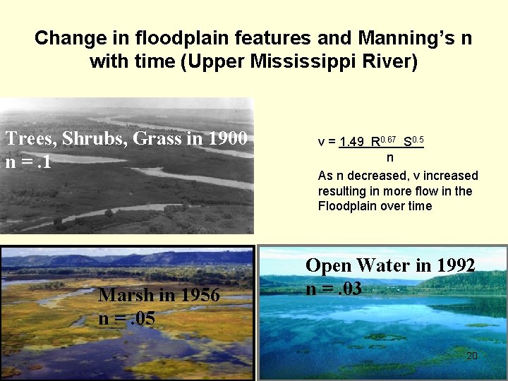Change in floodplain features and Manning’s n with time (Upper Mississippi River) Trees, Shrubs,