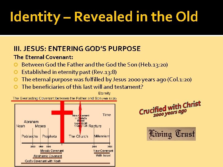 Identity – Revealed in the Old III. JESUS: ENTERING GOD’S PURPOSE The Eternal Covenant: