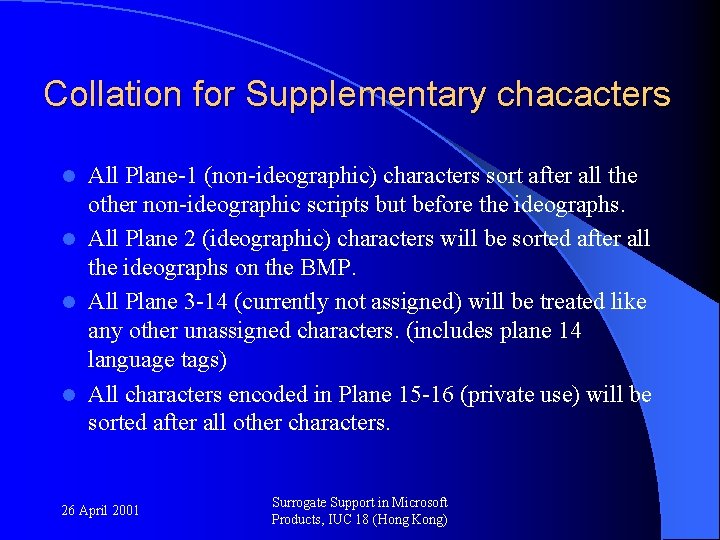 Collation for Supplementary chacacters All Plane-1 (non-ideographic) characters sort after all the other non-ideographic