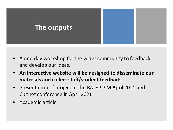 The outputs • A one-day workshop for the wider community to feedback and develop