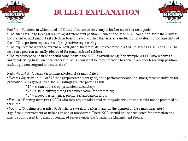BULLET EXPLANATION Part Vb - Positions in which rated NCO could best serve the