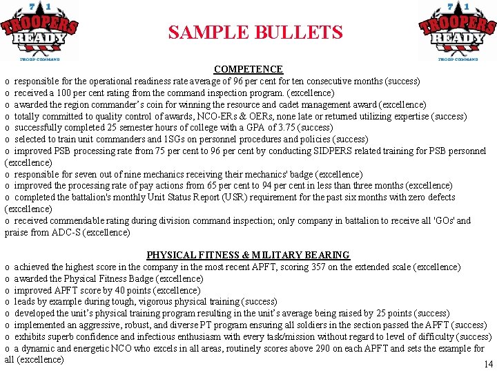 SAMPLE BULLETS COMPETENCE o responsible for the operational readiness rate average of 96 per