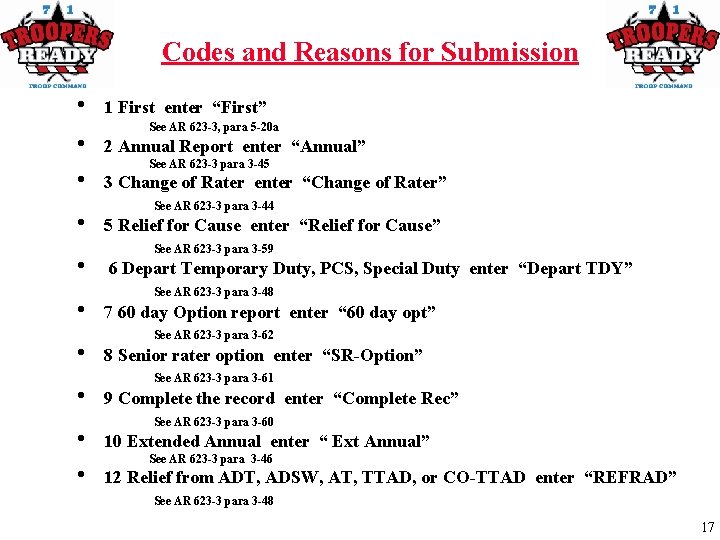 Codes and Reasons for Submission • • • 1 First enter “First” See AR