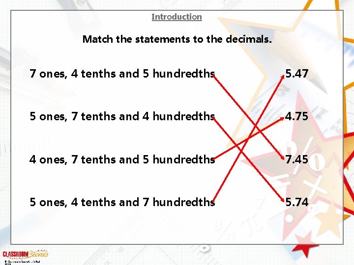 Introduction Match the statements to the decimals. 7 ones, 4 tenths and 5 hundredths