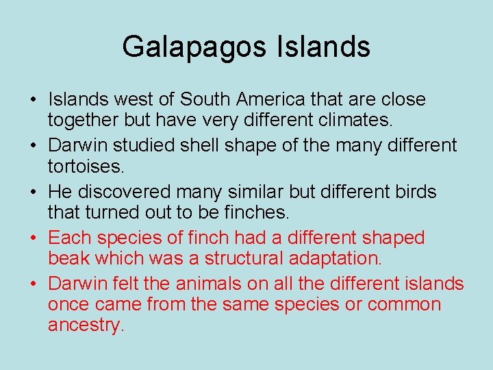 Galapagos Islands • Islands west of South America that are close together but have