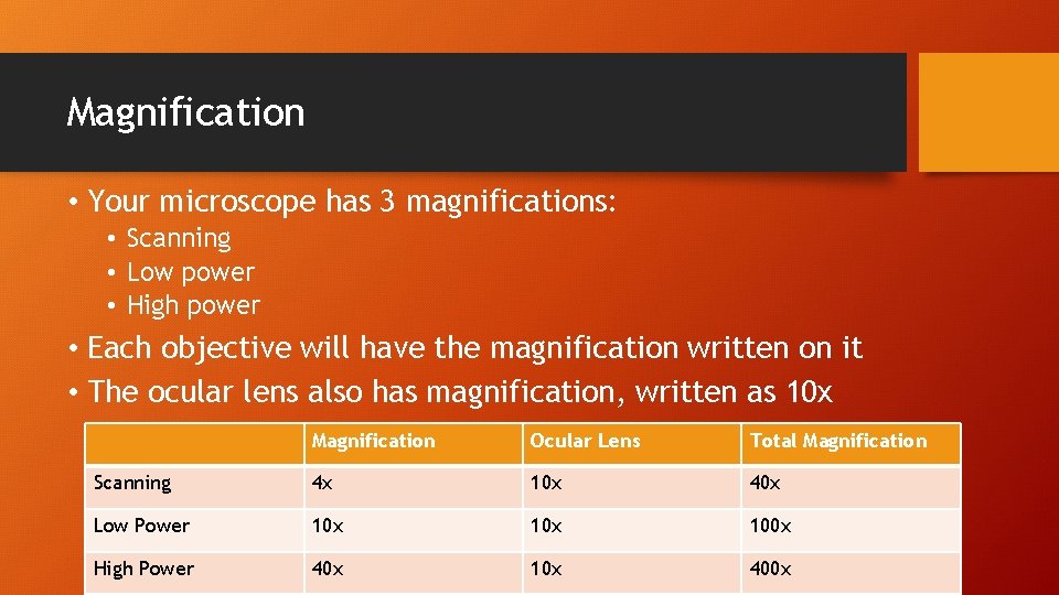 Magnification • Your microscope has 3 magnifications: • Scanning • Low power • High