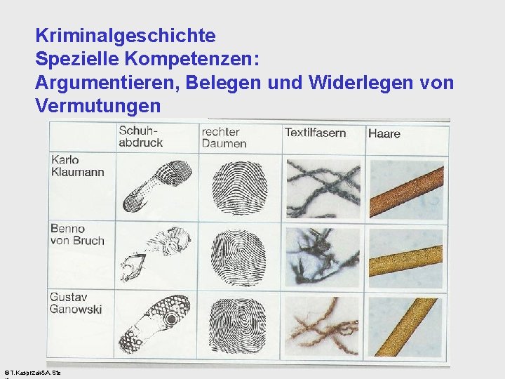 Kriminalgeschichte Spezielle Kompetenzen: Argumentieren, Belegen und Widerlegen von Vermutungen ©T. Kasprzak&A. Ste 