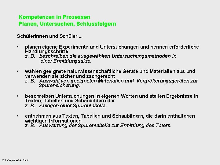 Kompetenzen in Prozessen Planen, Untersuchen, Schlussfolgern Schülerinnen und Schüler. . . • planen eigene