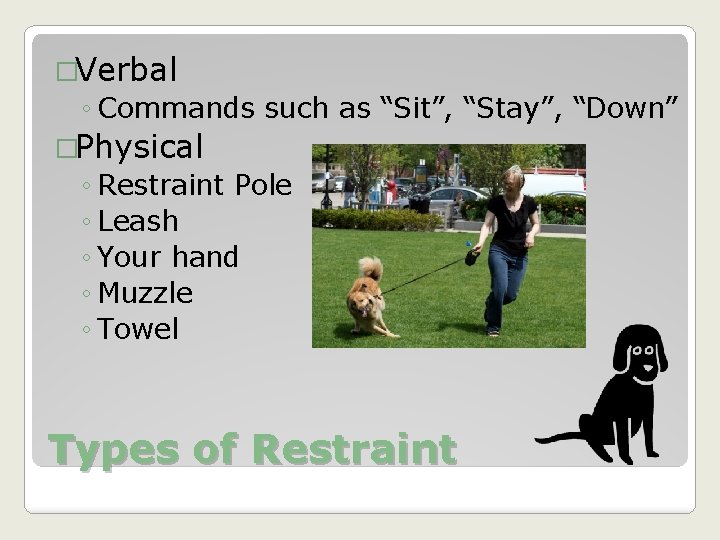 �Verbal ◦ Commands such as “Sit”, “Stay”, “Down” �Physical ◦ Restraint Pole ◦ Leash