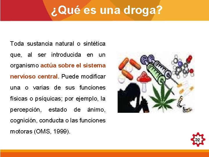 ¿Qué es una droga? Toda sustancia natural o sintética que, al ser introducida en