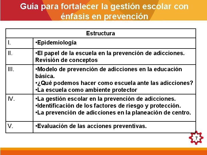 Guía para fortalecer la gestión escolar con énfasis en prevención Estructura I. • Epidemiología