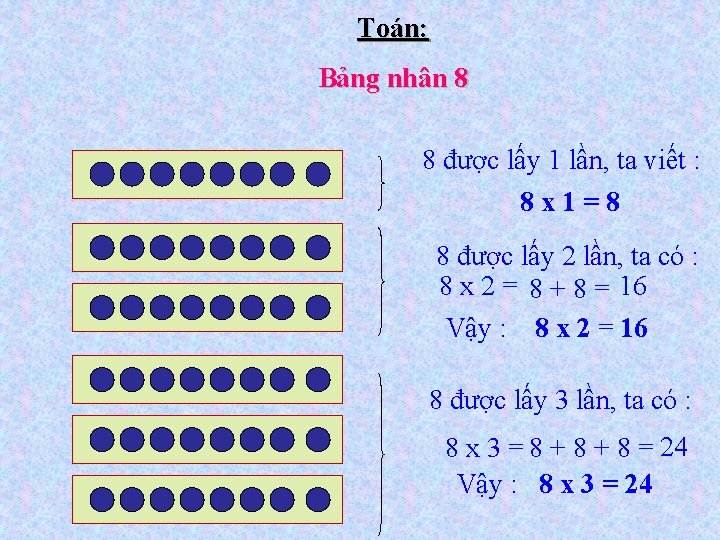 Toán: Bảng nhân 8 8 được lấy 1 lần, ta viết : 8 x