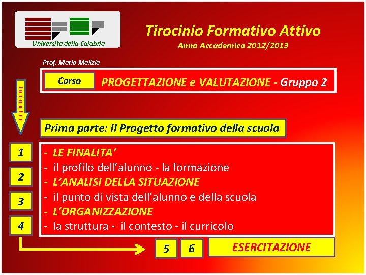 Università della Calabria Tirocinio Formativo Attivo Anno Accademico 2012/2013 Prof. Mario Malizia Incontri Corso