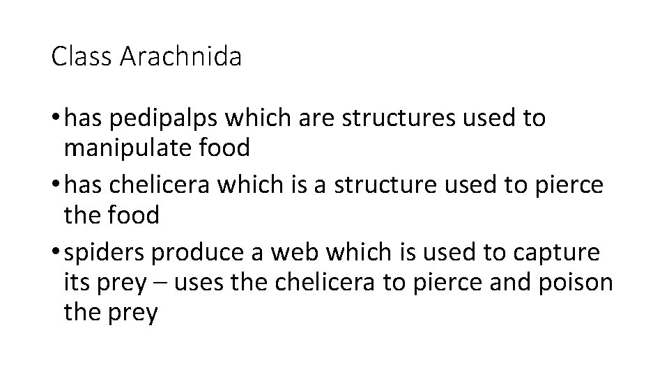 Class Arachnida • has pedipalps which are structures used to manipulate food • has