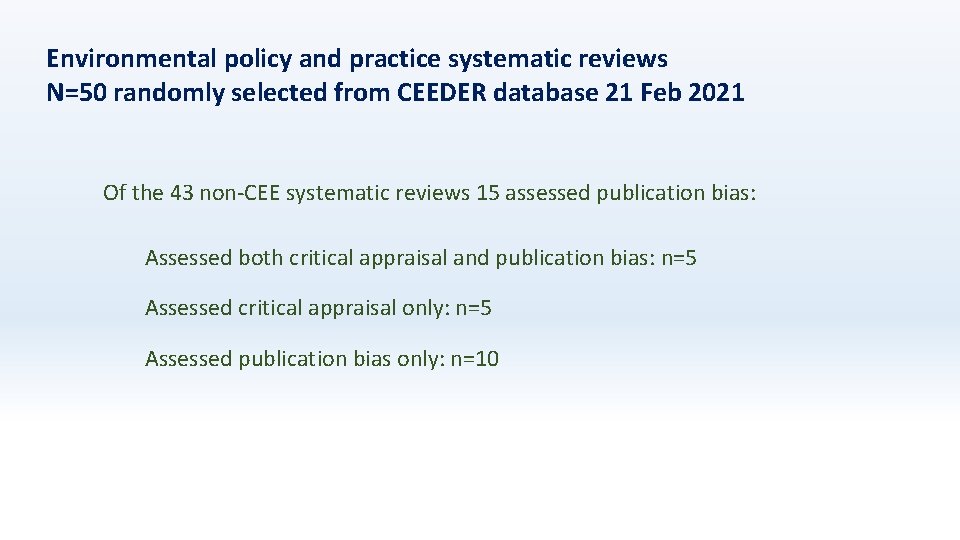 Environmental policy and practice systematic reviews N=50 randomly selected from CEEDER database 21 Feb