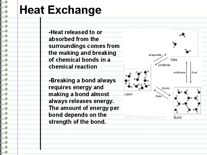 Heat Exchange -Heat released to or absorbed from the surroundings comes from the making