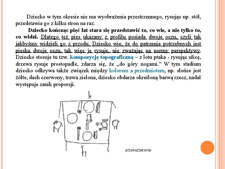 Dziecko w tym okresie nie ma wyobrażenia przestrzennego, rysując np. stół, przedstawia go z