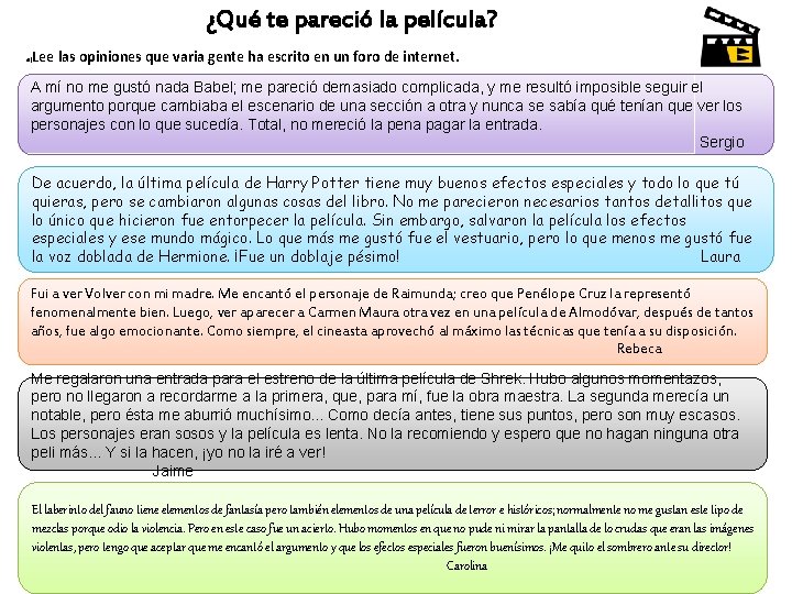 ¿Qué te pareció la película? a) Lee las opiniones que varia gente ha escrito