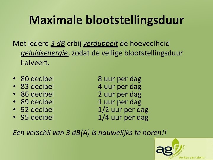 Maximale blootstellingsduur Met iedere 3 d. B erbij verdubbelt de hoeveelheid geluidsenergie, zodat de