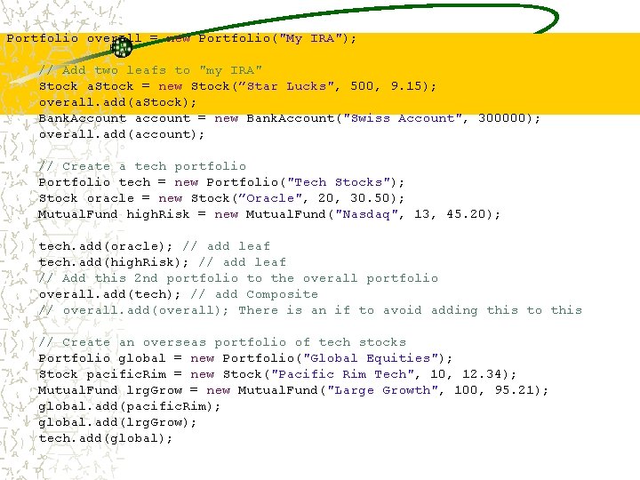 Portfolio overall = new Portfolio("My IRA"); // Add two leafs to "my IRA" Stock