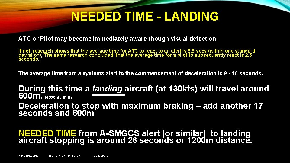 NEEDED TIME - LANDING ATC or Pilot may become immediately aware though visual detection.