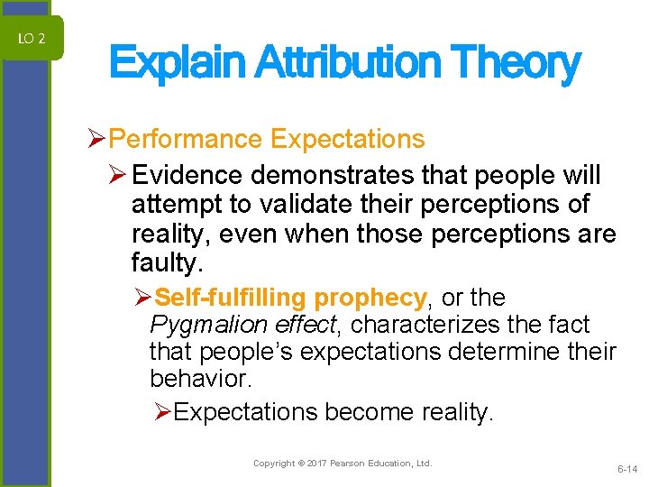 LO 2 Explain Attribution Theory ØPerformance Expectations Ø Evidence demonstrates that people will attempt