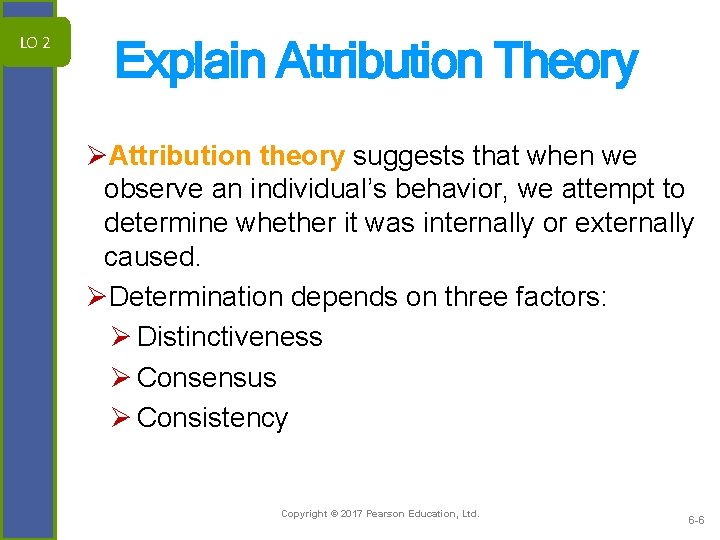 LO 2 Explain Attribution Theory ØAttribution theory suggests that when we observe an individual’s