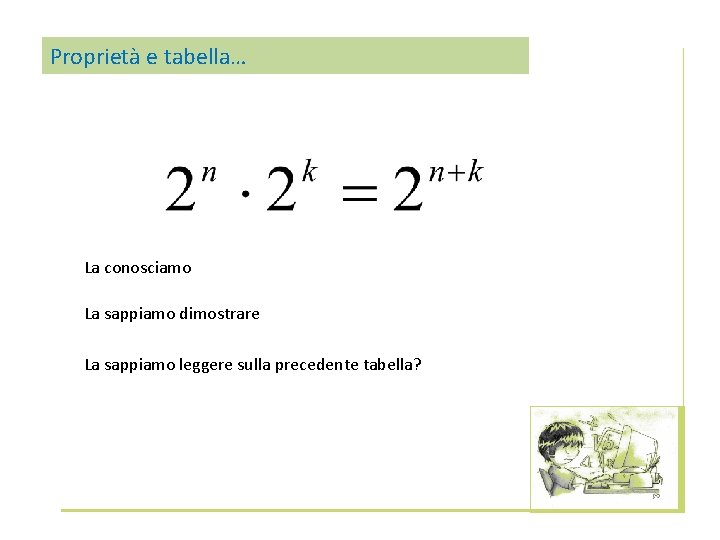 Proprietà e tabella… La conosciamo La sappiamo dimostrare La sappiamo leggere sulla precedente tabella?