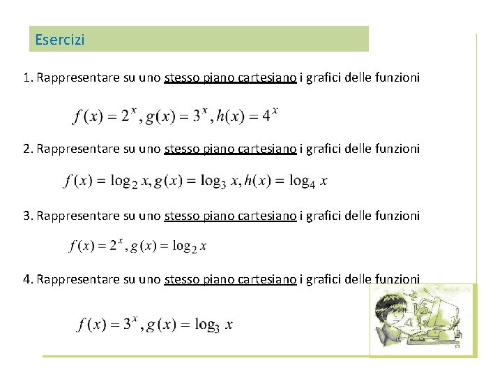 Esercizi 1. Rappresentare su uno stesso piano cartesiano i grafici delle funzioni 2. Rappresentare