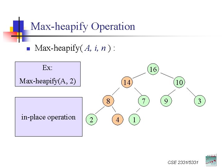 Max-heapify Operation n Max-heapify( A, i, n ) : Ex: 16 Max-heapify(A, 2) 14