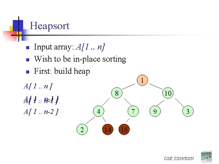 Heapsort n n n Input array: A[1. . n] Wish to be in-place sorting