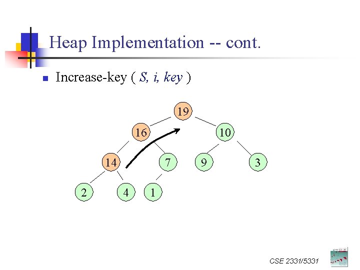 Heap Implementation -- cont. n Increase-key ( S, i, key ) 16 19 14