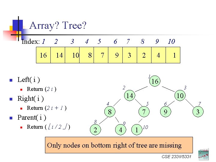 Array? Tree? Index: 1 16 n 14 10 4 5 8 7 6 7