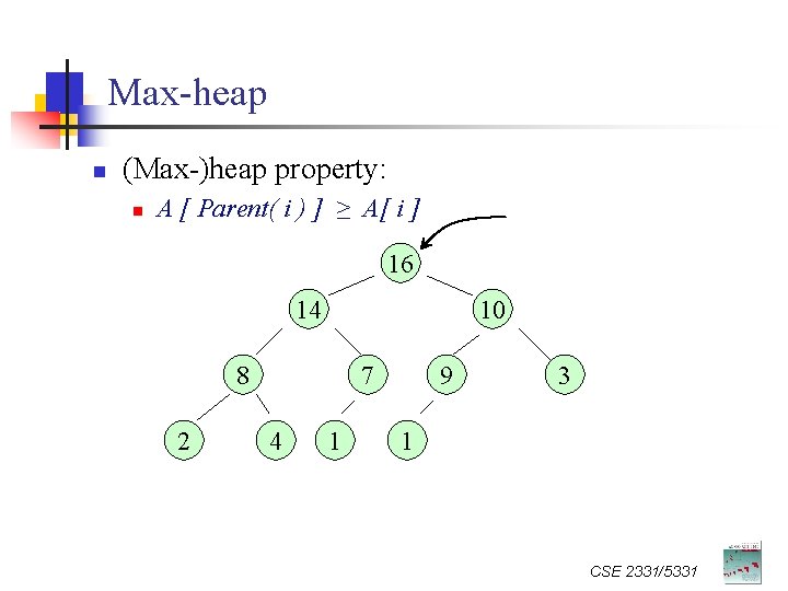 Max-heap n (Max-)heap property: n A [ Parent( i ) ] ≥ A[ i