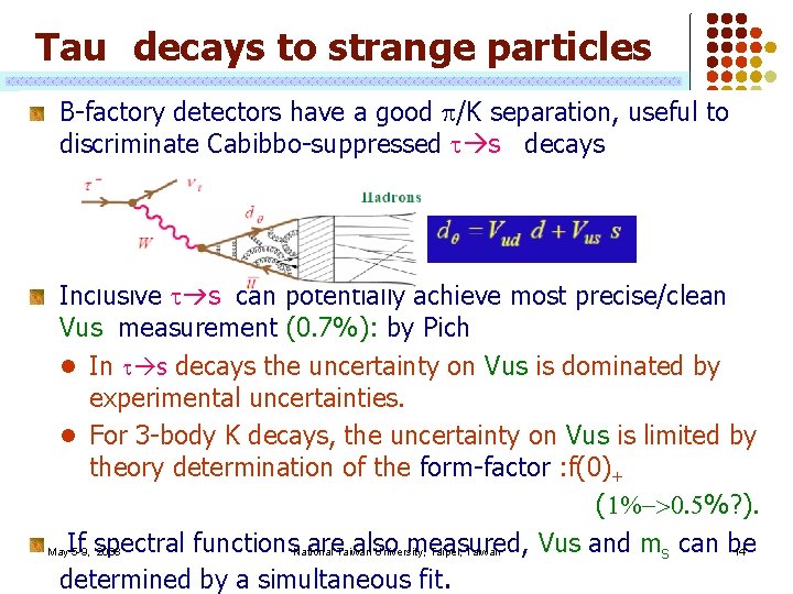 Tau decays to strange particles B-factory detectors have a good p/K separation, useful to