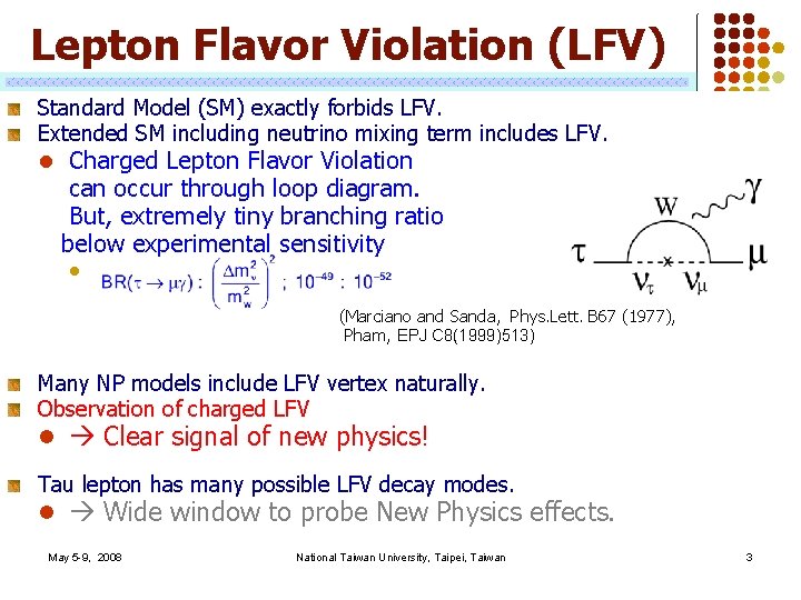 Lepton Flavor Violation (LFV) Standard Model (SM) exactly forbids LFV. Extended SM including neutrino