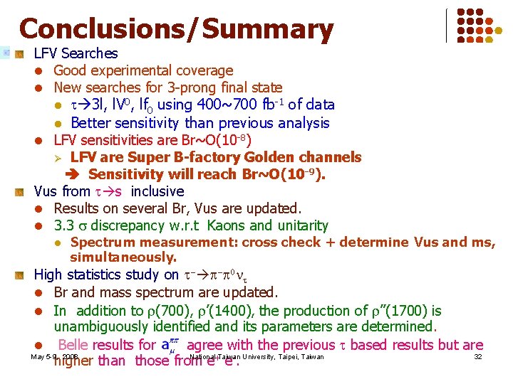 Conclusions/Summary LFV Searches l Good experimental coverage l New searches for 3 -prong final