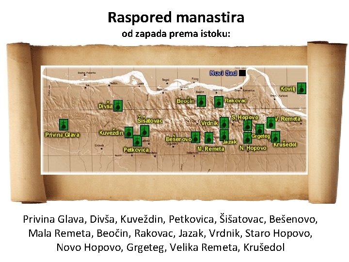 Raspored manastira od zapada prema istoku: Privina Glava, Divša, Kuveždin, Petkovica, Šišatovac, Bešenovo, Mala