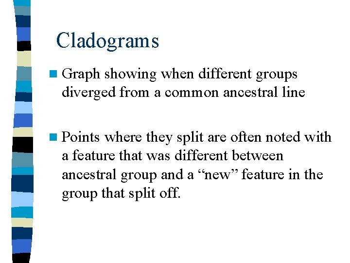 Cladograms n Graph showing when different groups diverged from a common ancestral line n