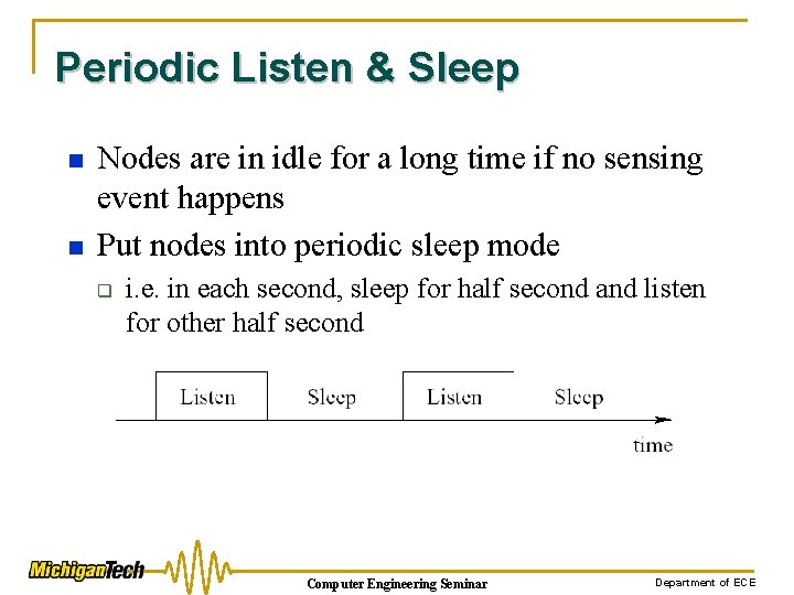 Periodic Listen & Sleep n n Nodes are in idle for a long time