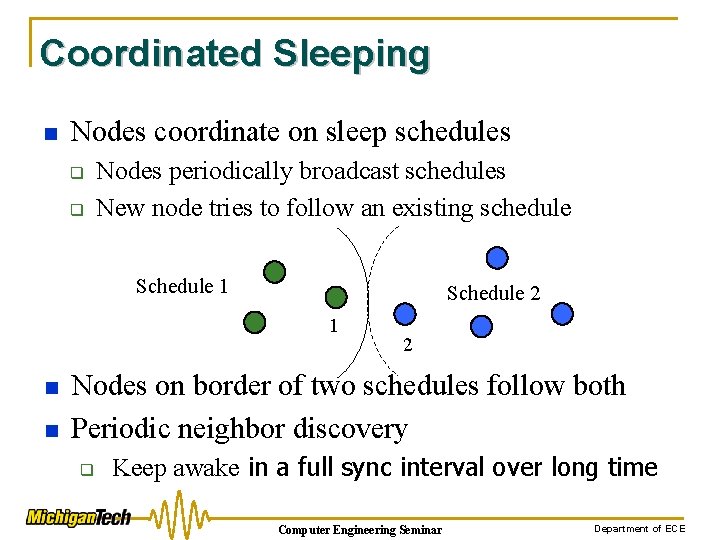 Coordinated Sleeping n Nodes coordinate on sleep schedules q q Nodes periodically broadcast schedules