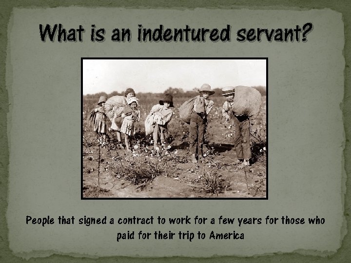 What is an indentured servant? People that signed a contract to work for a
