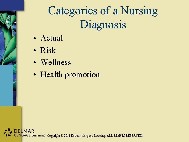Categories of a Nursing Diagnosis • • Actual Risk Wellness Health promotion Copyright ©