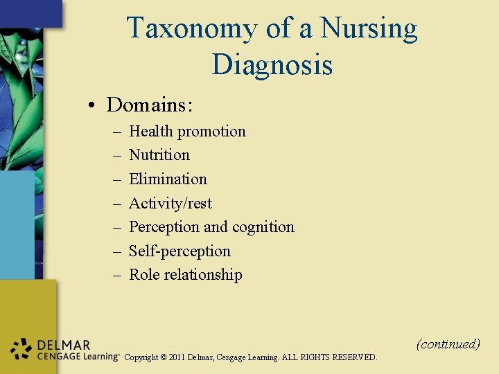 Taxonomy of a Nursing Diagnosis • Domains: – – – – Health promotion Nutrition