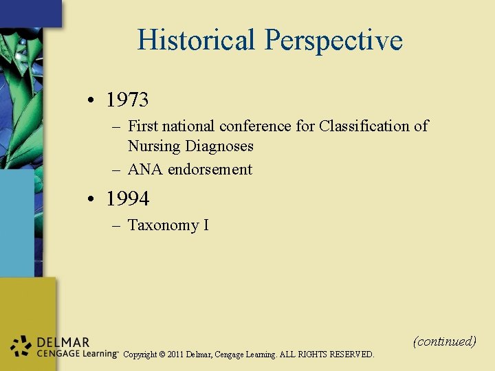 Historical Perspective • 1973 – First national conference for Classification of Nursing Diagnoses –