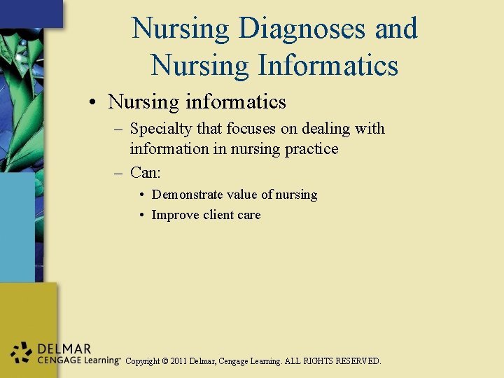 Nursing Diagnoses and Nursing Informatics • Nursing informatics – Specialty that focuses on dealing